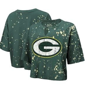 Majestic NFL Green Bay Packers Distressed Notch Neck Crop Tee, Large, NWT